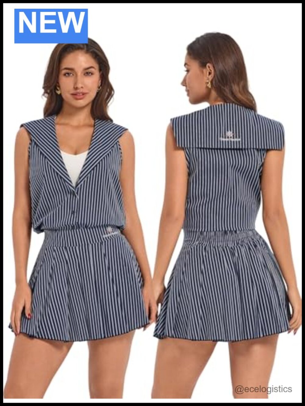 Women's 2 Piece Skort Set Sleeveless Striped Top High Waisted Tennis Skirt
